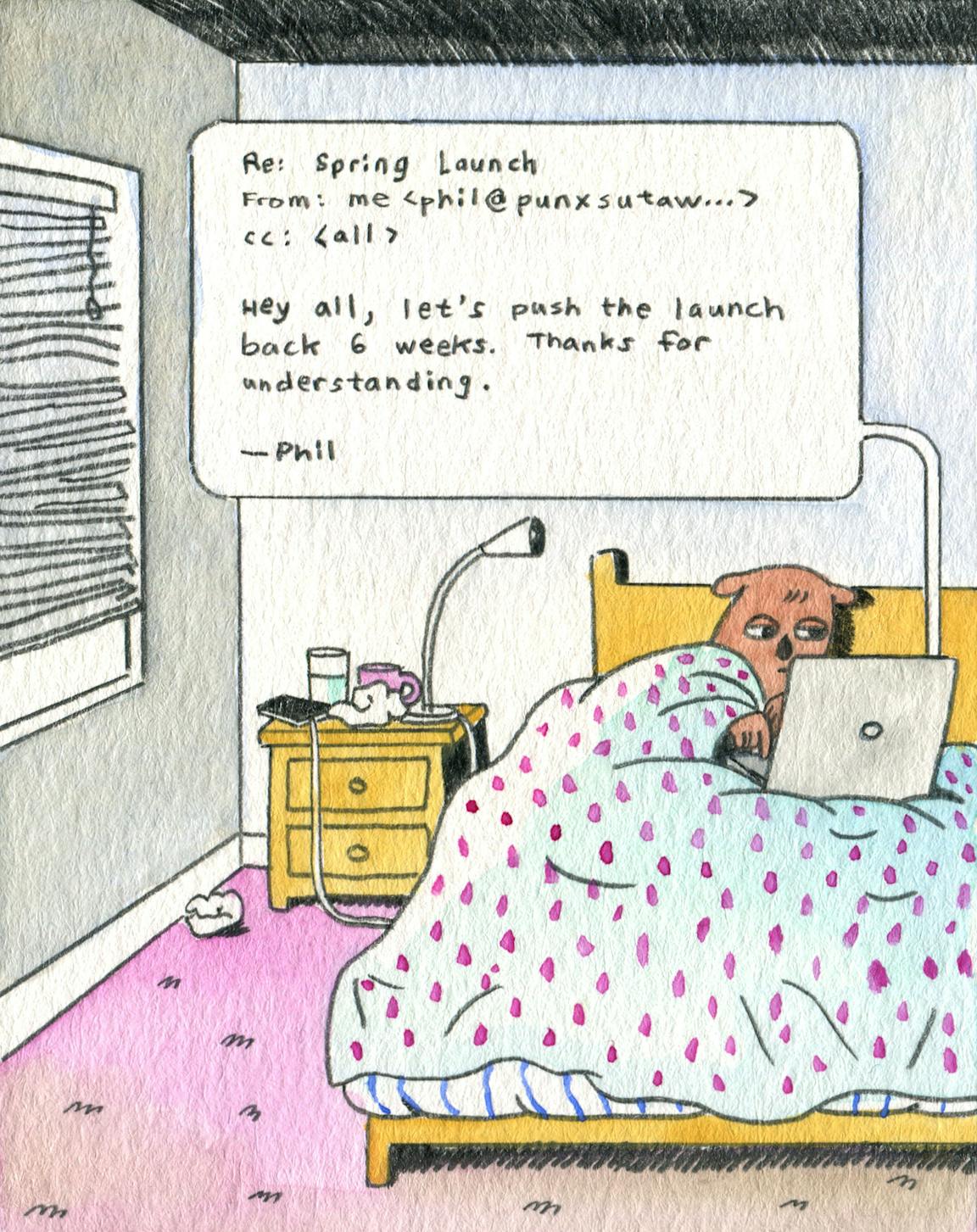 A groundhog writes an out of office email from bed.